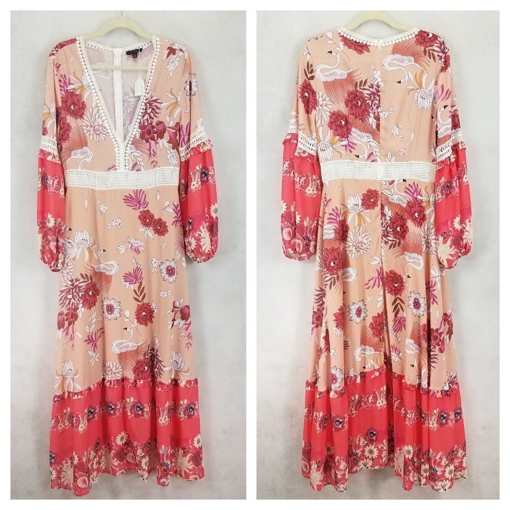 NEW ALY DALY M Floral Flamingo Long Sleeve Maxi Boho Dress NWT